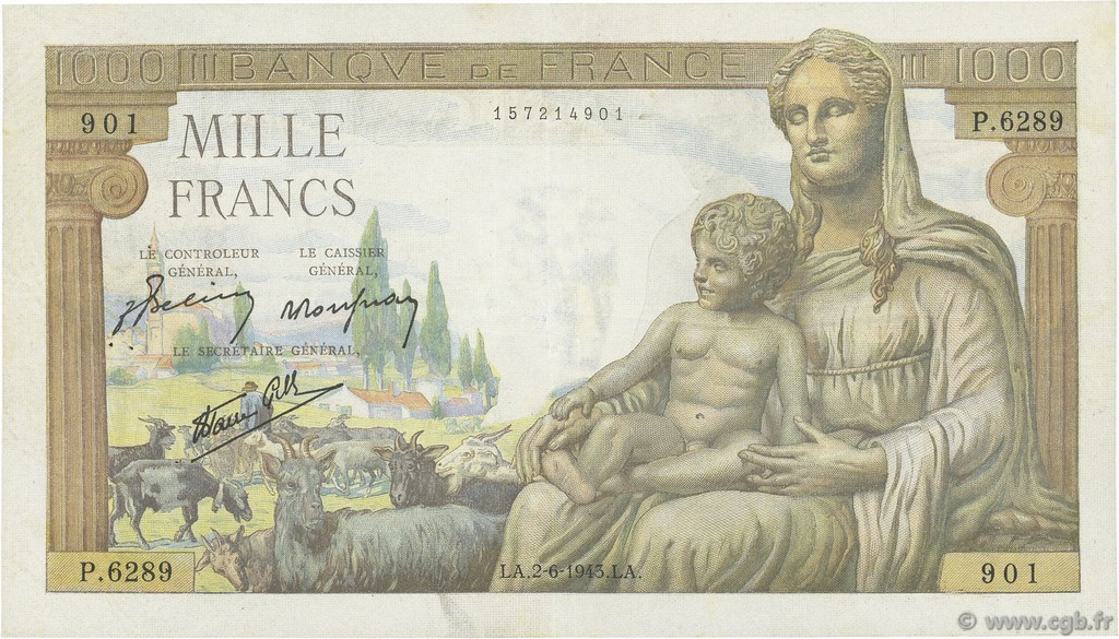 1000 Francs DÉESSE DÉMÉTER FRANCE  1943 F.40.26 VF