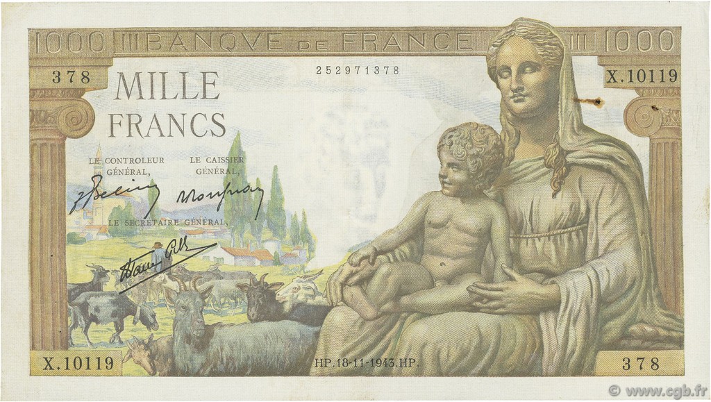 1000 Francs DÉESSE DÉMÉTER FRANCE  1943 F.40.40 VF+