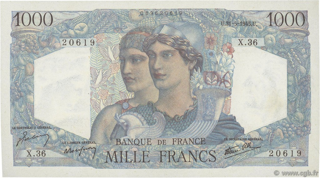 1000 Francs MINERVE ET HERCULE FRANCE  1945 F.41.03 UNC-