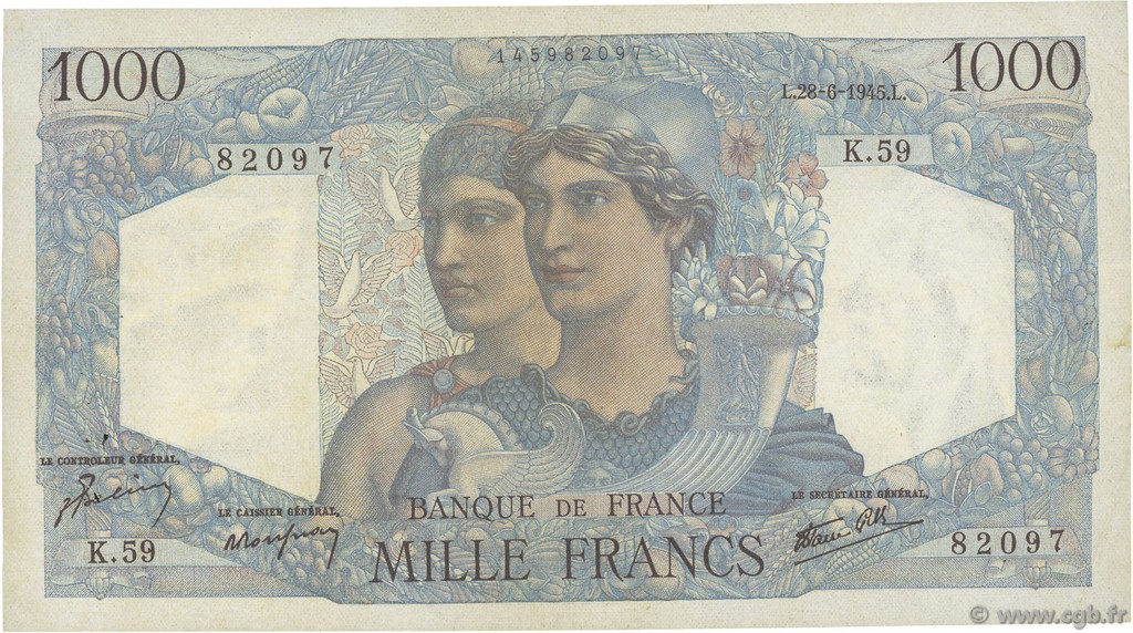1000 Francs MINERVE ET HERCULE FRANCE  1945 F.41.05 XF-