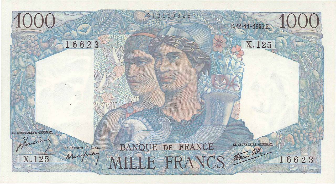 1000 Francs MINERVE ET HERCULE FRANCE  1945 F.41.08 XF