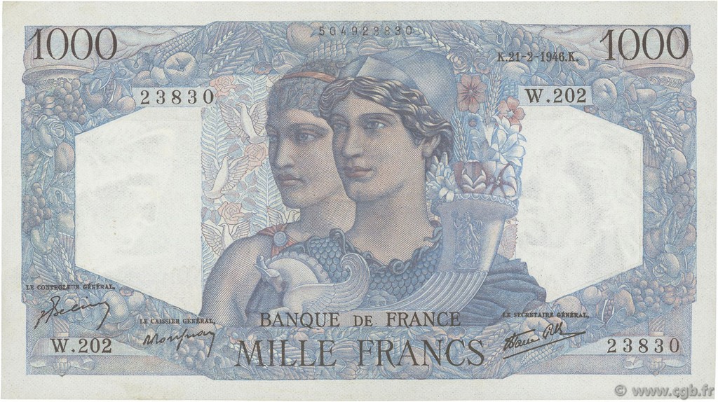 1000 Francs MINERVE ET HERCULE FRANCE  1946 F.41.11 XF