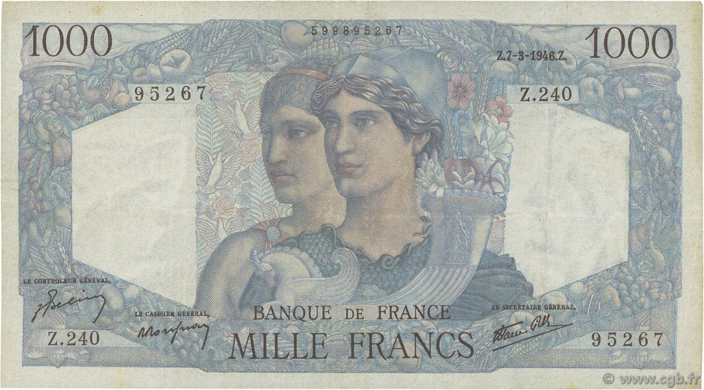1000 Francs MINERVE ET HERCULE FRANCE  1946 F.41.12 VF
