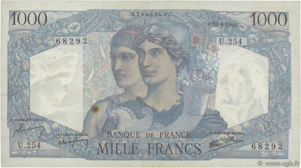 1000 Francs MINERVE ET HERCULE FRANCIA  1946 F.41.13 MBC