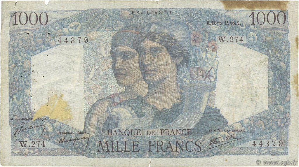1000 Francs MINERVE ET HERCULE FRANCE  1946 F.41.14 G