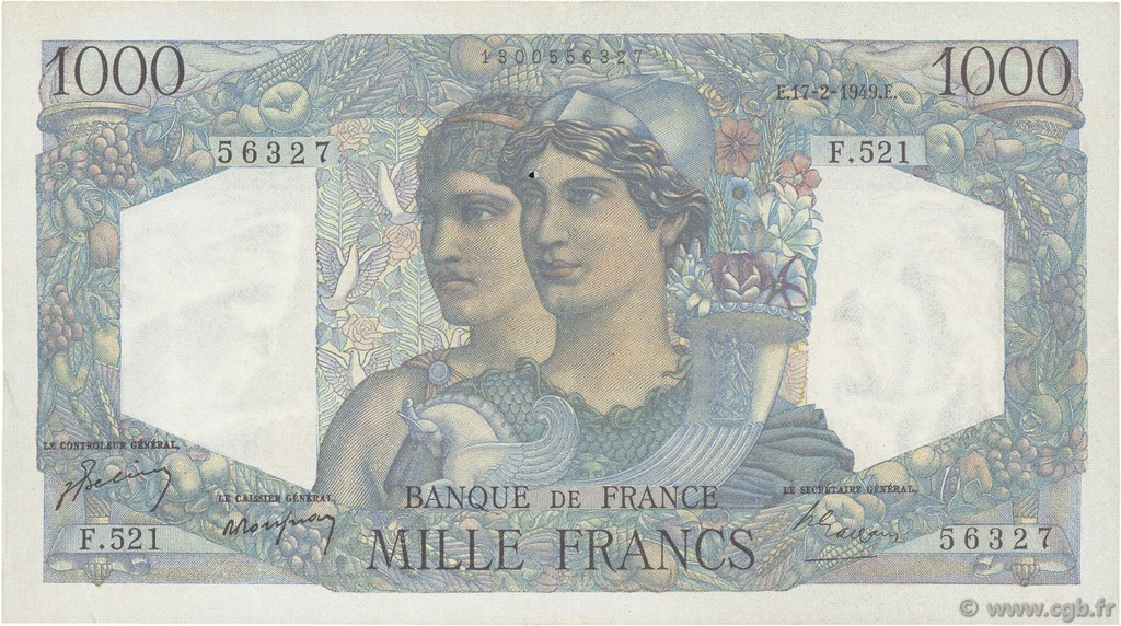 1000 Francs MINERVE ET HERCULE FRANKREICH  1949 F.41.25 fVZ