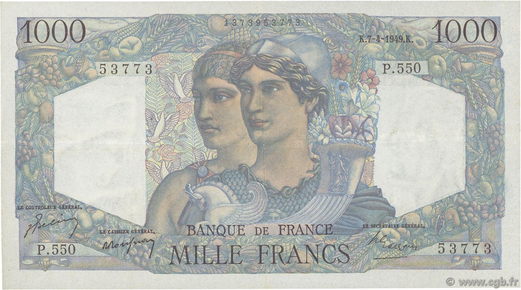 1000 Francs MINERVE ET HERCULE FRANCE  1949 F.41.26 XF-