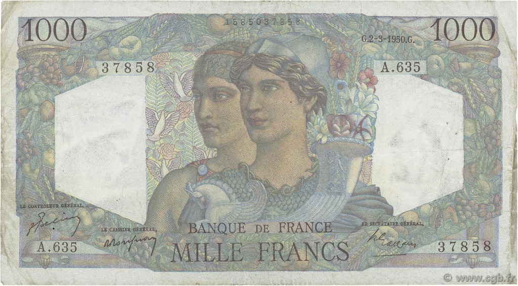 1000 Francs MINERVE ET HERCULE FRANKREICH  1950 F.41.31 S