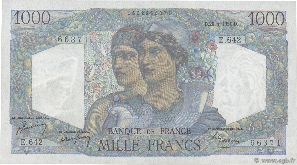1000 Francs MINERVE ET HERCULE FRANCE  1950 F.41.32 SUP