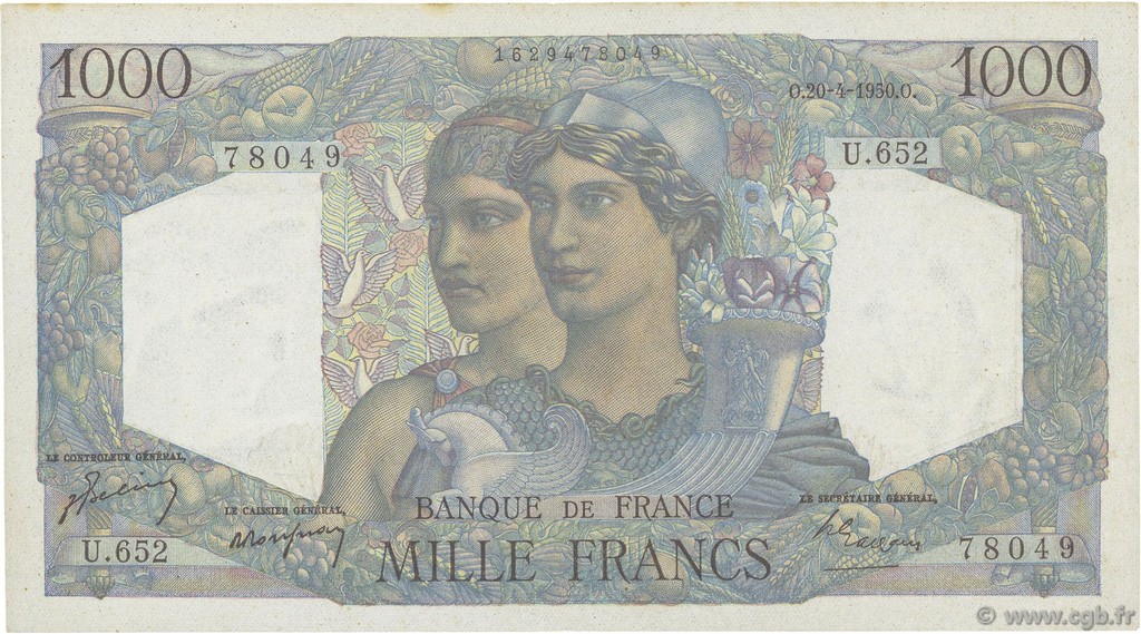 1000 Francs MINERVE ET HERCULE FRANCE  1950 F.41.32 VF+
