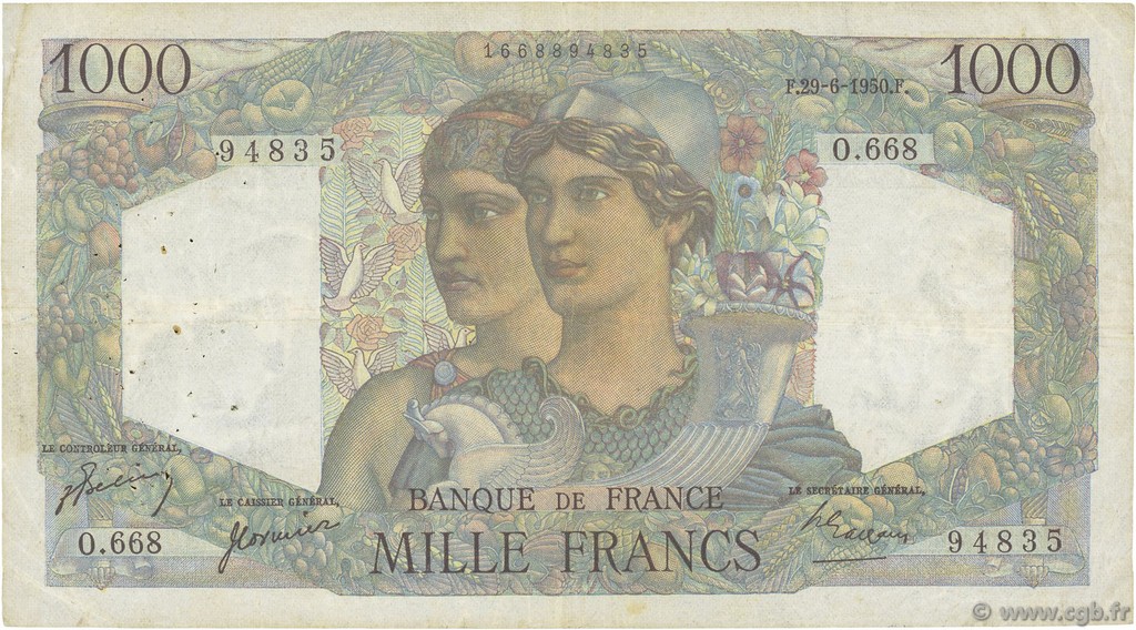 1000 Francs MINERVE ET HERCULE FRANCE  1950 F.41.33 TB