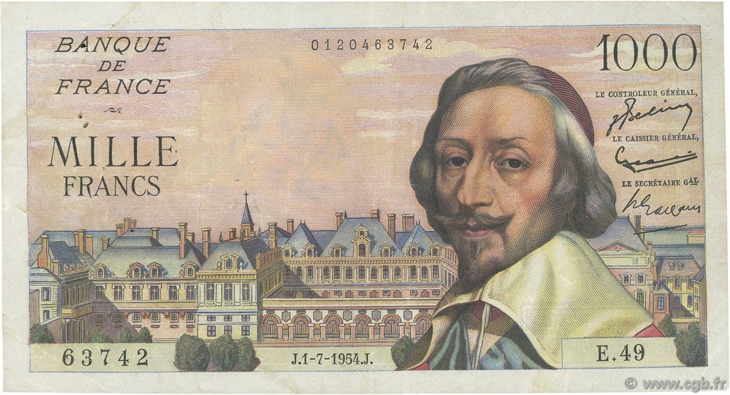 1000 Francs RICHELIEU FRANCE  1954 F.42.06 VF