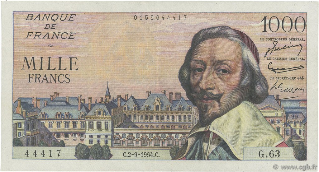 1000 Francs RICHELIEU FRANKREICH  1954 F.42.07 fVZ