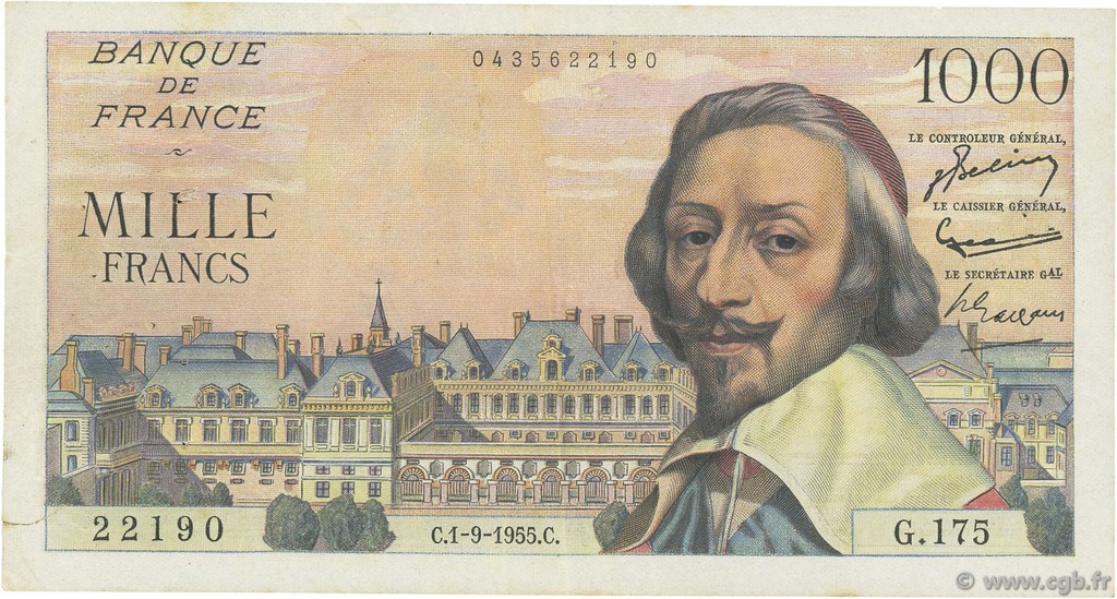 1000 Francs RICHELIEU FRANCE  1955 F.42.15 VF