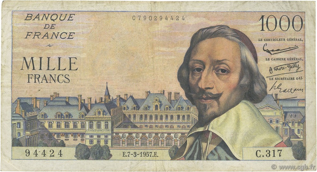 1000 Francs RICHELIEU FRANCIA  1957 F.42.25 BC+