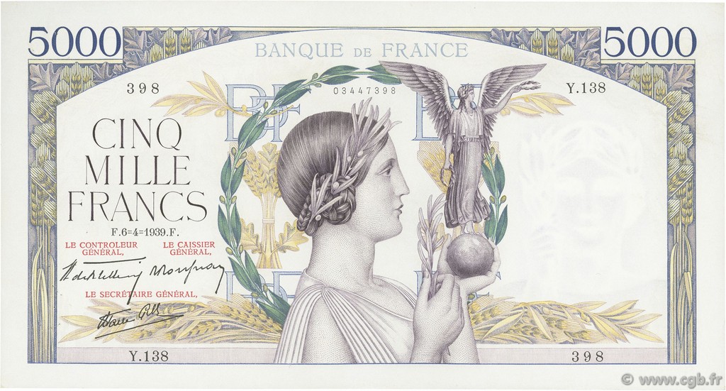 5000 Francs VICTOIRE Impression à plat FRANCIA  1939 F.46.04 q.SPL
