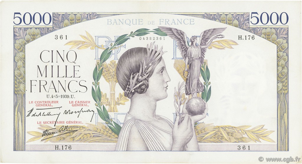 5000 Francs VICTOIRE Impression à plat FRANKREICH  1939 F.46.05 SS to VZ