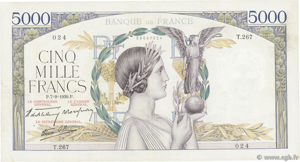 5000 Francs VICTOIRE Impression à plat FRANKREICH  1939 F.46.09 SS
