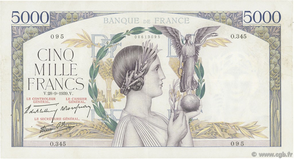 5000 Francs VICTOIRE Impression à plat FRANCE  1939 F.46.12 VF