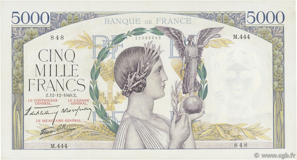 5000 Francs VICTOIRE Impression à plat FRANKREICH  1940 F.46.16 fVZ