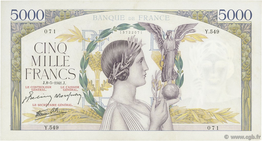 5000 Francs VICTOIRE Impression à plat FRANKREICH  1941 F.46.21 fVZ