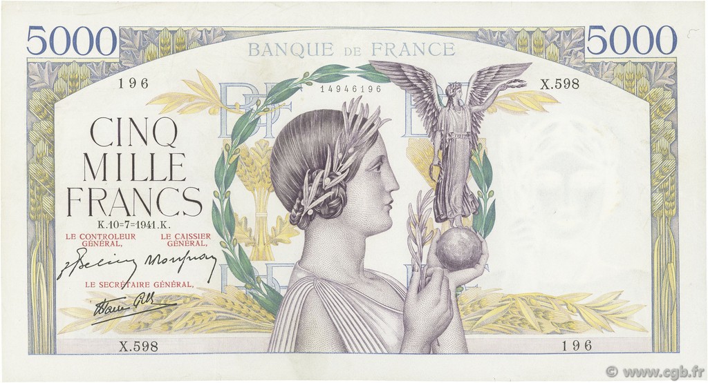 5000 Francs VICTOIRE Impression à plat FRANKREICH  1941 F.46.23 fVZ