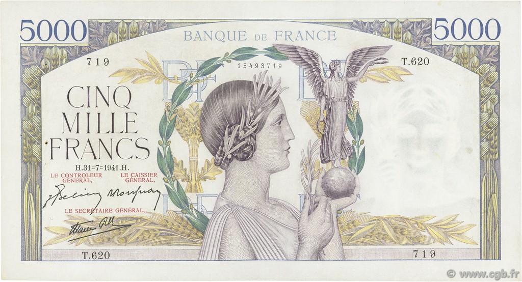 5000 Francs VICTOIRE Impression à plat FRANKREICH  1941 F.46.24 fVZ