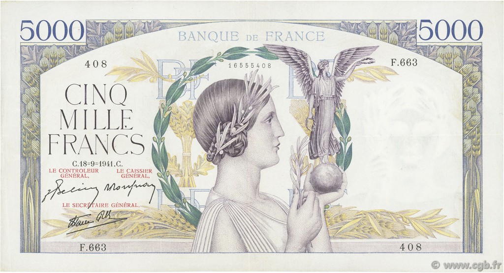 5000 Francs VICTOIRE Impression à plat FRANKREICH  1941 F.46.26 SS