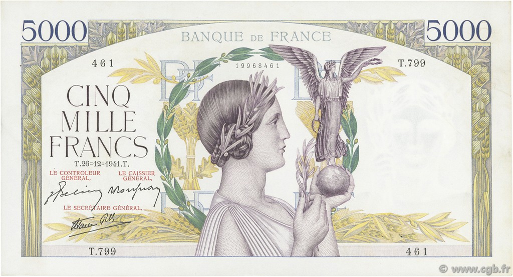 5000 Francs VICTOIRE Impression à plat FRANCE  1941 F.46.31 XF-
