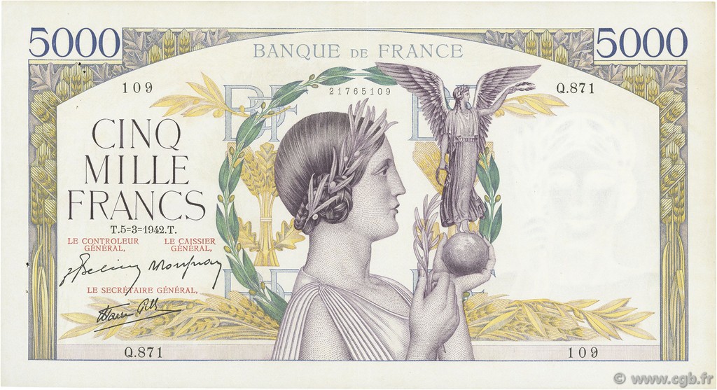 5000 Francs VICTOIRE Impression à plat FRANCIA  1942 F.46.34 q.SPL