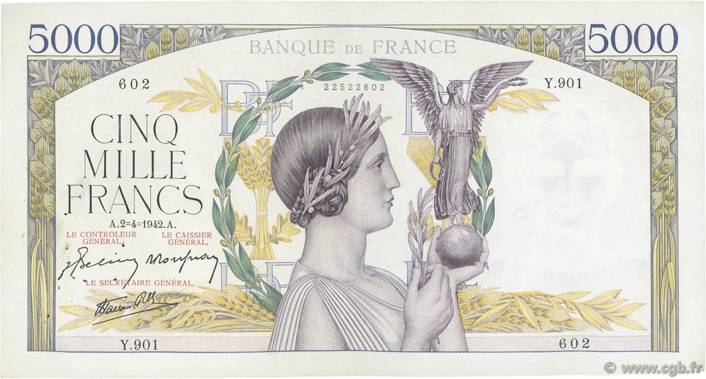 5000 Francs VICTOIRE Impression à plat FRANCE  1942 F.46.36 VF