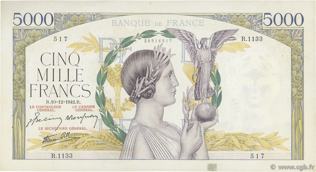 5000 Francs VICTOIRE Impression à plat FRANCIA  1942 F.46.45 BB