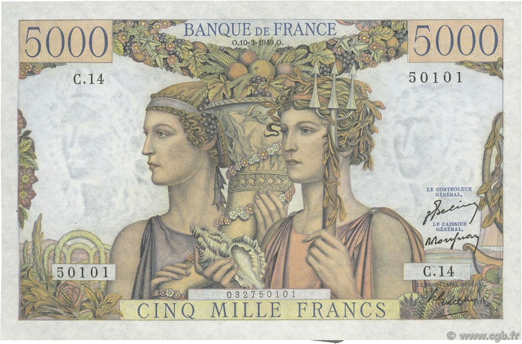5000 Francs TERRE ET MER FRANCE  1949 F.48.01 XF