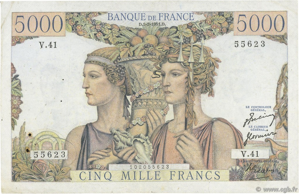 5000 Francs TERRE ET MER FRANKREICH  1951 F.48.03 fSS