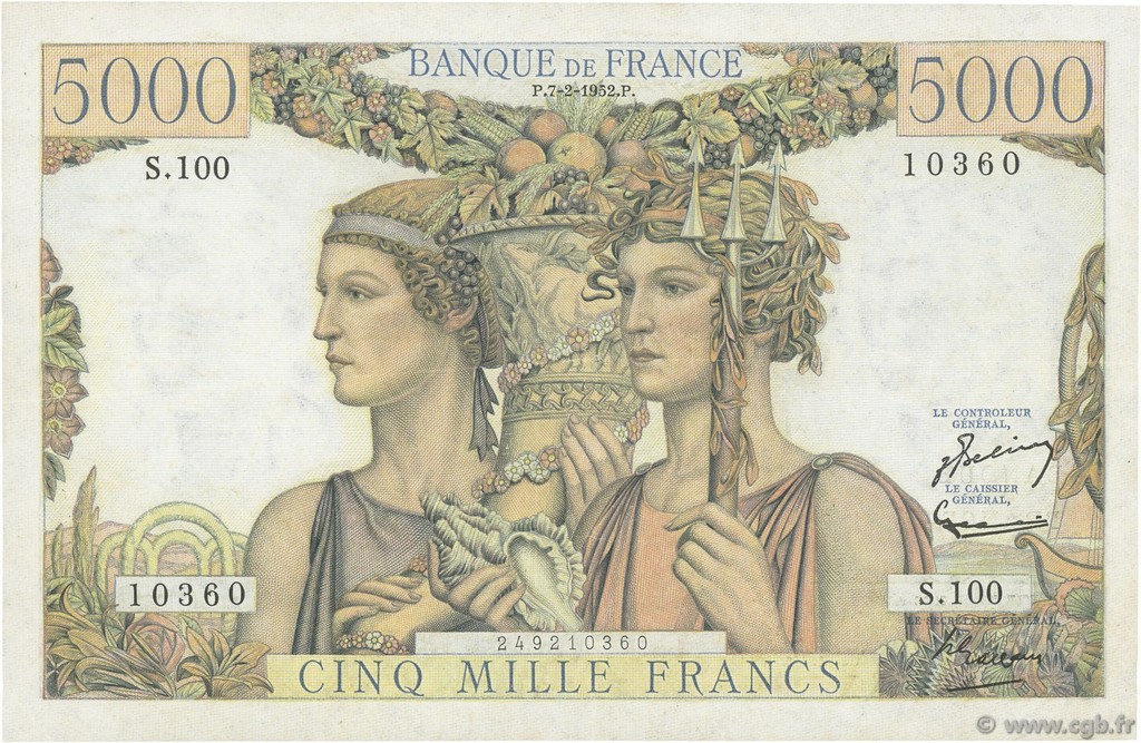 5000 Francs TERRE ET MER FRANCE  1952 F.48.06 VF
