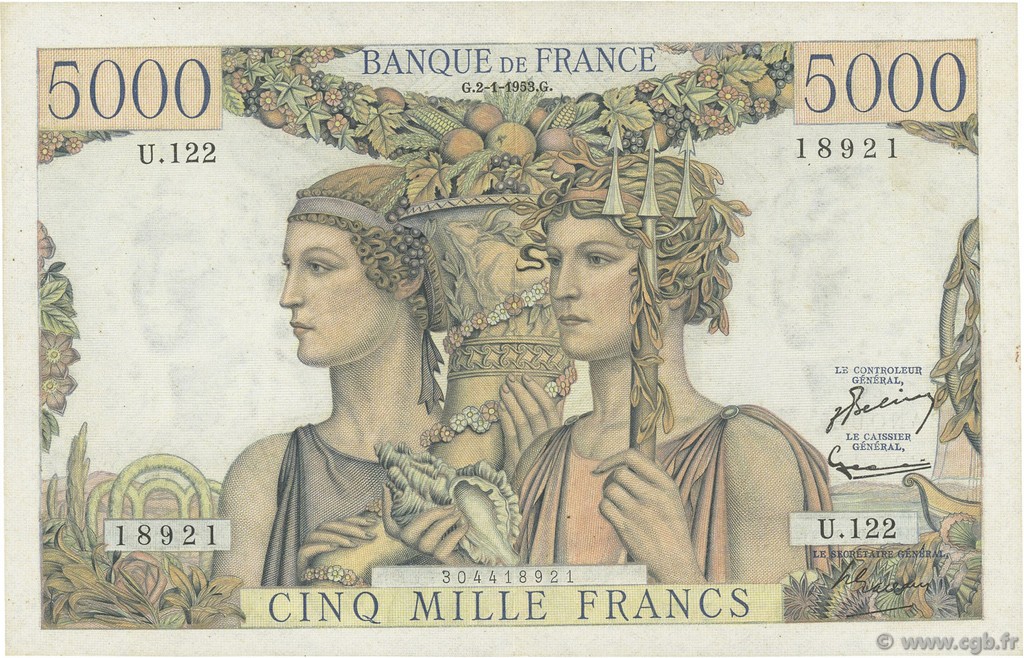 5000 Francs TERRE ET MER FRANKREICH  1953 F.48.08 VZ