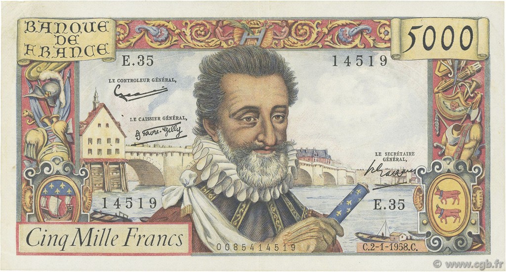 5000 Francs HENRI IV FRANCE  1958 F.49.05 TTB+