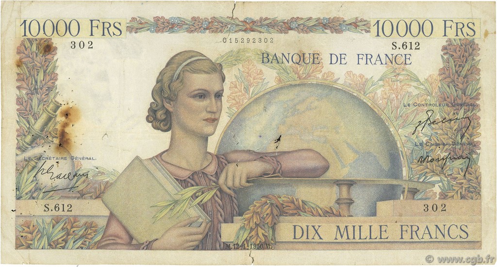 10000 Francs GÉNIE FRANÇAIS FRANCIA  1950 F.50.26 B