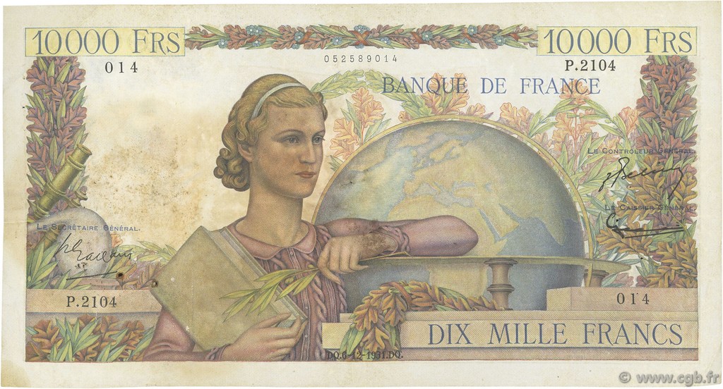 10000 Francs GÉNIE FRANÇAIS FRANCE  1951 F.50.55 F+