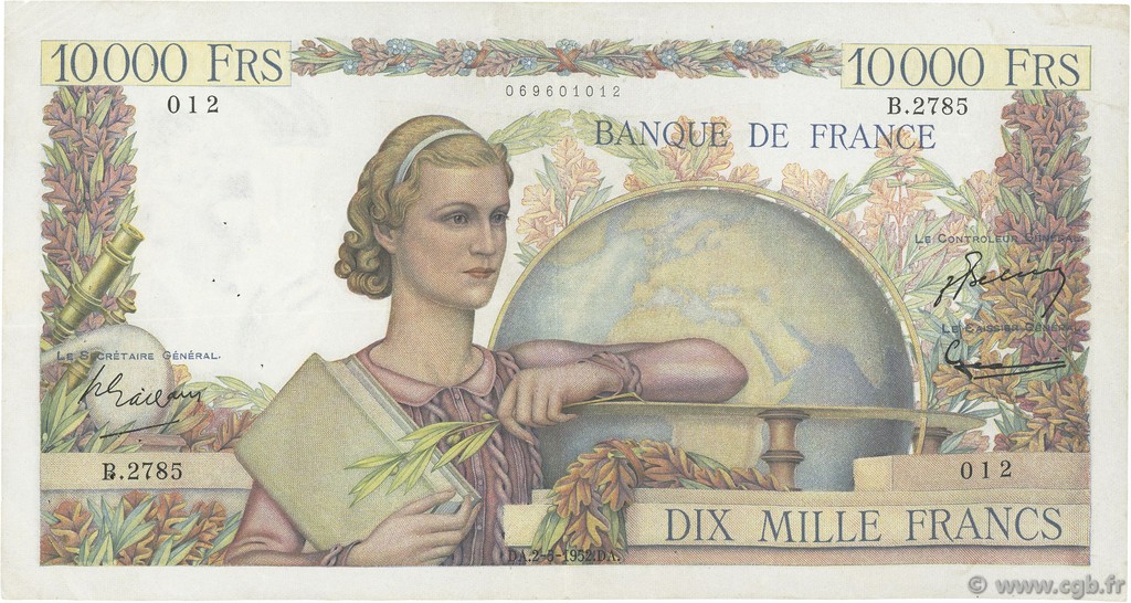 10000 Francs GÉNIE FRANÇAIS FRANKREICH  1952 F.50.58 SS