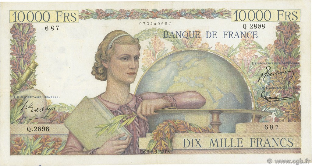 10000 Francs GÉNIE FRANÇAIS FRANCIA  1952 F.50.59 BC+