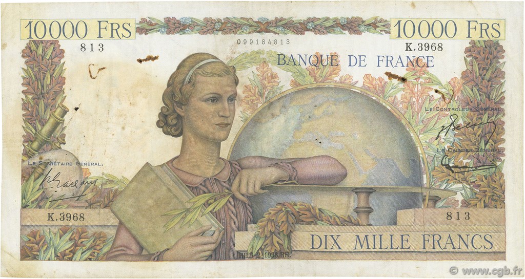 10000 Francs GÉNIE FRANÇAIS FRANKREICH  1953 F.50.63 fS