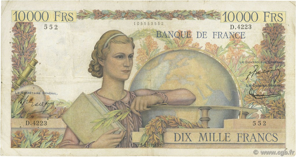 10000 Francs GÉNIE FRANÇAIS FRANCIA  1953 F.50.63 RC+