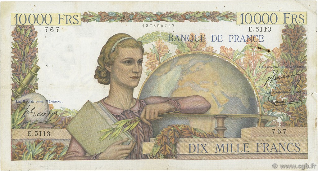 10000 Francs GÉNIE FRANÇAIS FRANCE  1953 F.50.66 VF-