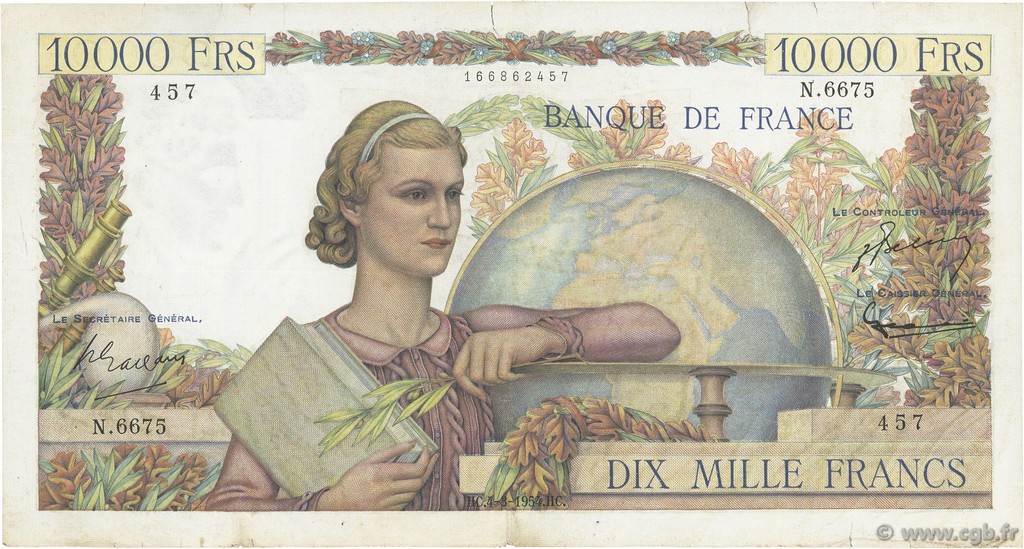 10000 Francs GÉNIE FRANÇAIS FRANCIA  1954 F.50.70 MB