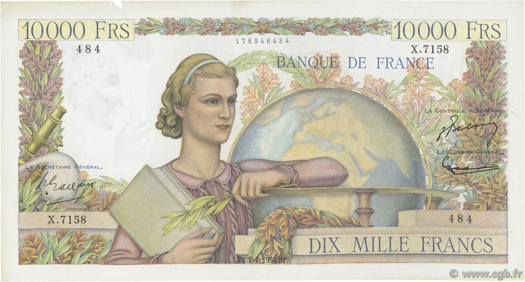 10000 Francs GÉNIE FRANÇAIS FRANCE  1954 F.50.71 VF+