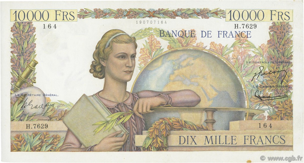 10000 Francs GÉNIE FRANÇAIS FRANCE  1954 F.50.72 VF+