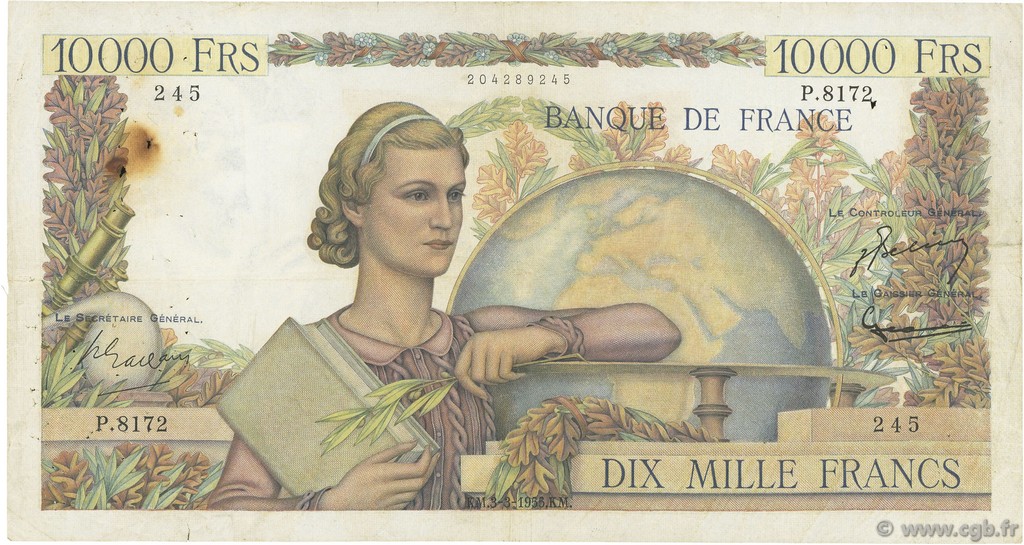 10000 Francs GÉNIE FRANÇAIS FRANCIA  1955 F.50.73 BC