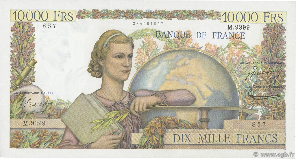 10000 Francs GÉNIE FRANÇAIS FRANCE  1955 F.50.76 VF+