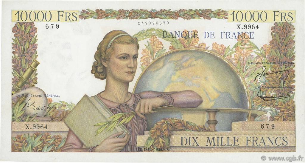 10000 Francs GÉNIE FRANÇAIS FRANCIA  1955 F.50.77 BB